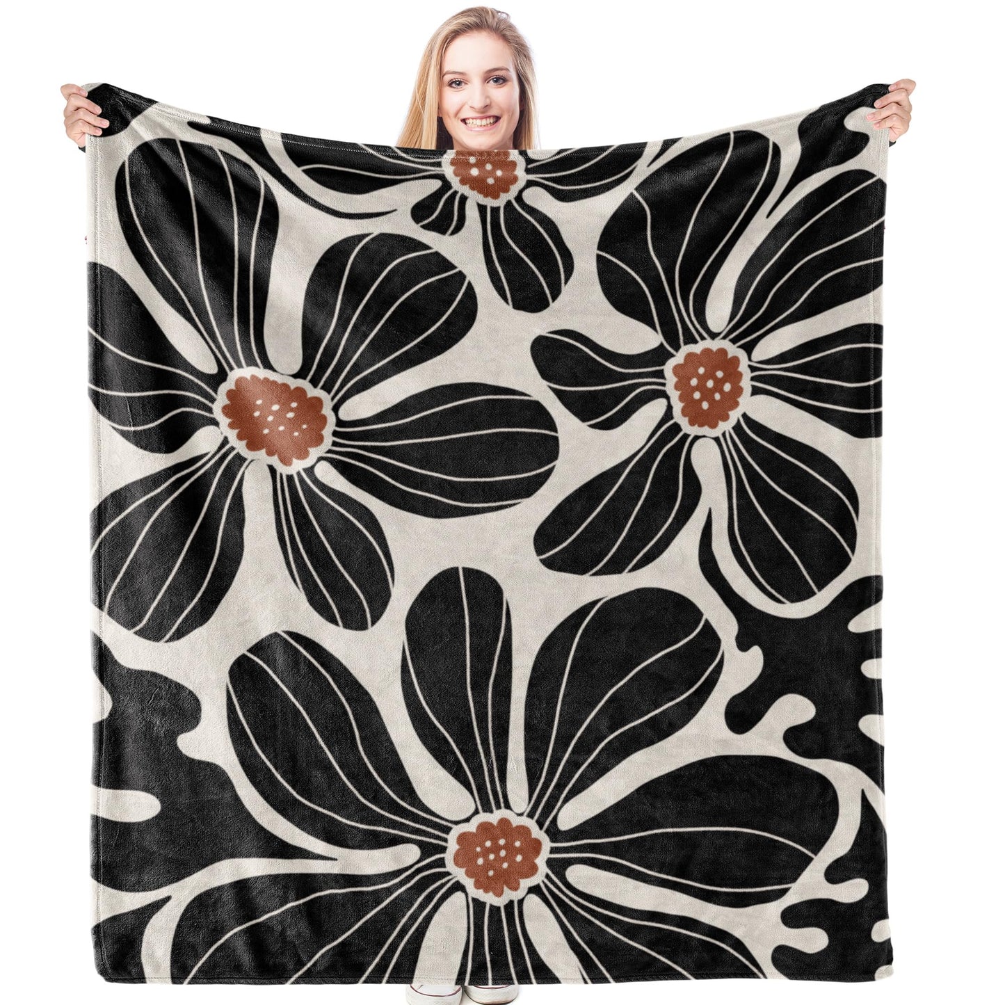 HIWX Boho Abstract Floral Blanket, Modern Abstract Boho Black Flower Throw Blanket for Home Living Room Bedroom Couch Bed Decor, 50x60 Inches