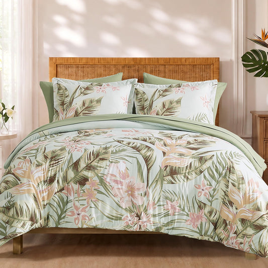 BLOOMHAVEN Queen Comforter Set -7 Pieces Palm Leaf Bedding Set for All Seasons, Bed in a Bag with Tropical Flowers Comforter, Sheets, Pillowcases & Shams