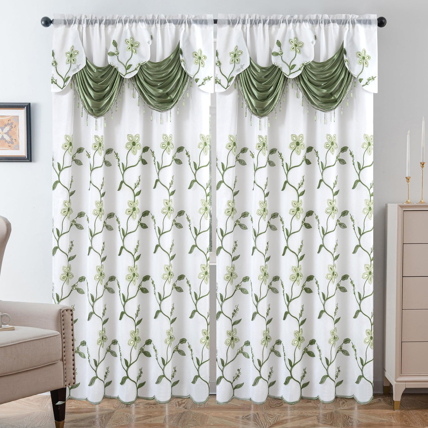 Petrichor Embroidered Sheer Curtain 2 Panels Set - Luxury Window Curtain Attached Valance with Satin Backing and 2 Tie Backs for Living Room,Dining Room, 54x84 inches, Sage Green