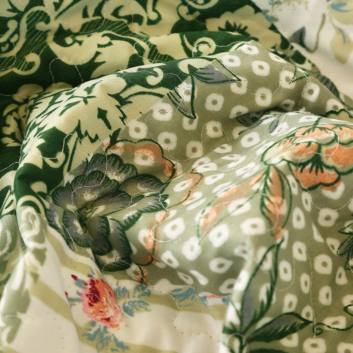 Cmfshape Summer Floral Queen Quilted Bedspread,Romantic Green Quilt Set,Reversible Stitched Bedding Cover All Season,Soft Lightweight Coverlet with Pillow Cases (Green&White, Queen90 x90)