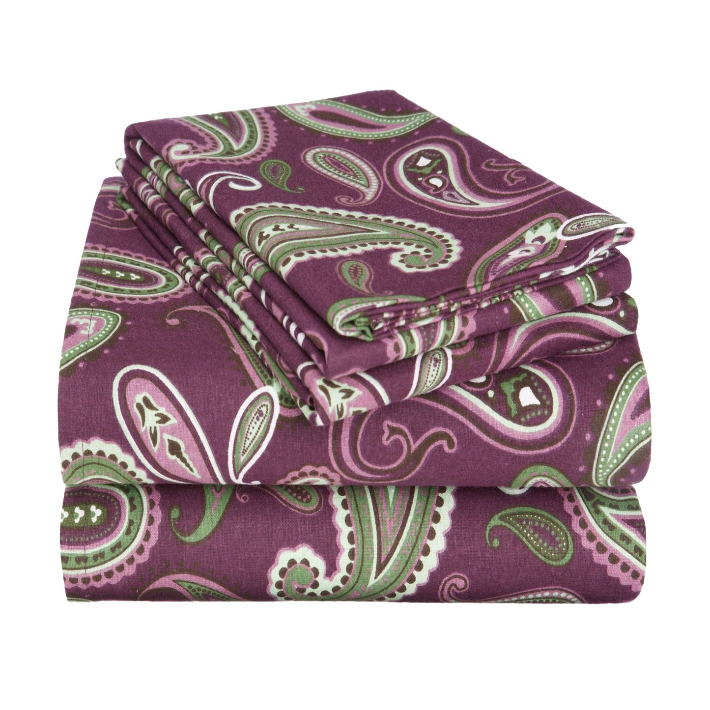Superior Flannel Brushed Cotton Paisley Bed Sheet Set, Soft, Warm Bedding, Bohemian Floral Sheets, Bedroom Decor, 1 Flat Sheet, 1 Elastic Deep Pocket Fitted Sheet, 2 Pillowcases, Queen, Purple