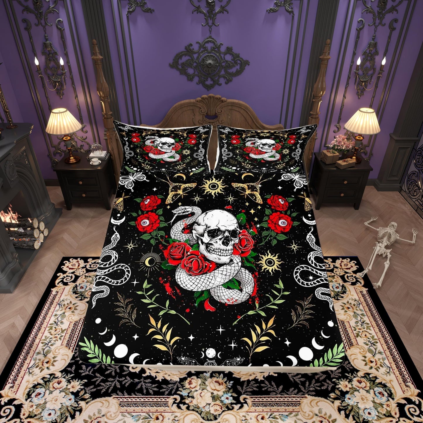 Castle Fairy Mysterious Halloween Theme Fitted Sheet Queen Size Romantic Skeleton Snake Rose Bedding Sheet Set,Bohemian Sun Moon Bed Cover Ultra Soft Breathable Bedding 3 Pcs