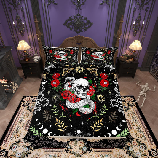 Castle Fairy Mysterious Halloween Theme Fitted Sheet Queen Size Romantic Skeleton Snake Rose Bedding Sheet Set,Bohemian Sun Moon Bed Cover Ultra Soft Breathable Bedding 3 Pcs