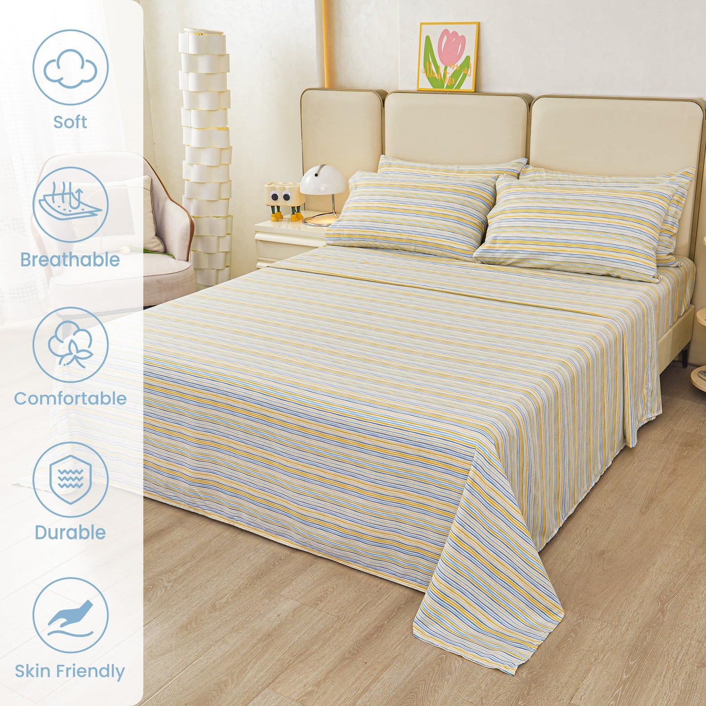 Mooreeke Striped Full Bed Sheets, Deep Pocket 4 Piece Full Sheet Set, Soft Microfiber Blue Yellow Pinstripe Bedding Sheets & Pillowcases