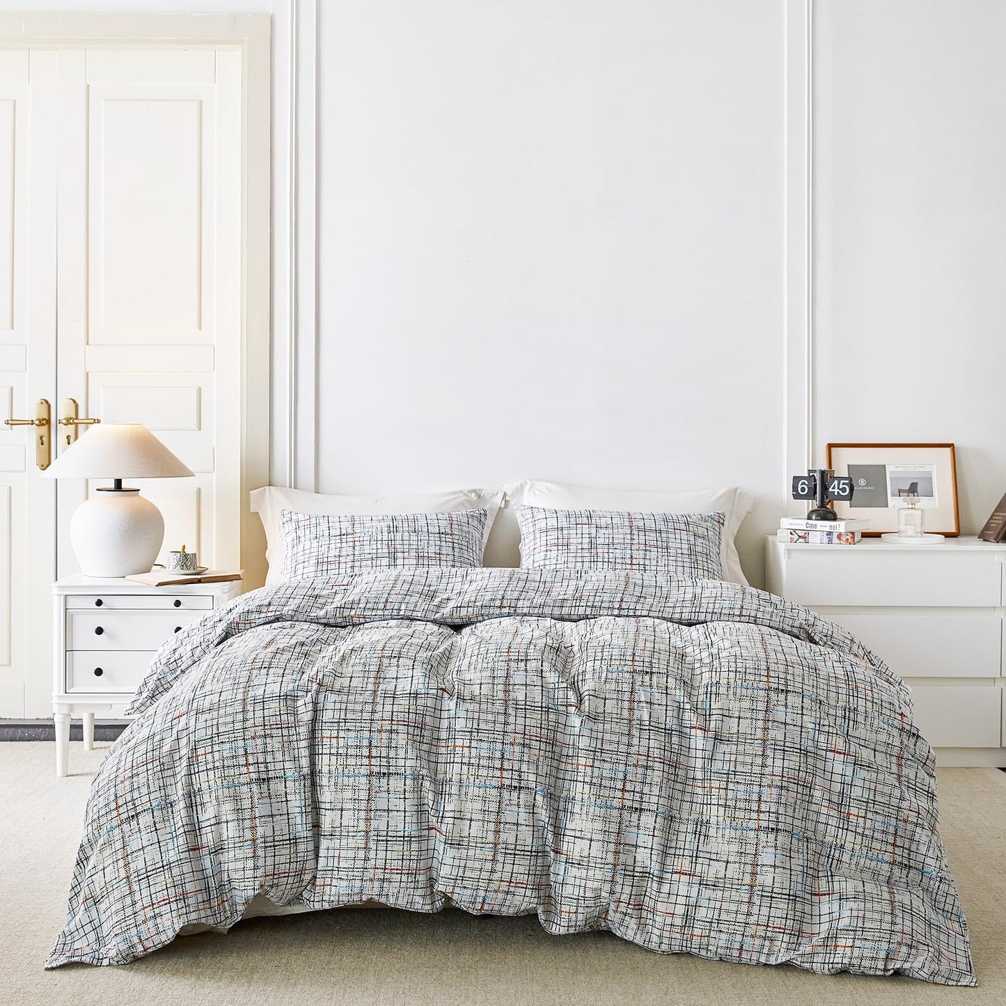 YuHeGuoJi Black Plaid Duvet Cover King 100% Cotton 3 Pcs Set 1 Blue Red Orange Striped Duvet Cover with Zipper Ties 2 Pillowcases Modern Geometric Black White Gingham Bedding Set Soft