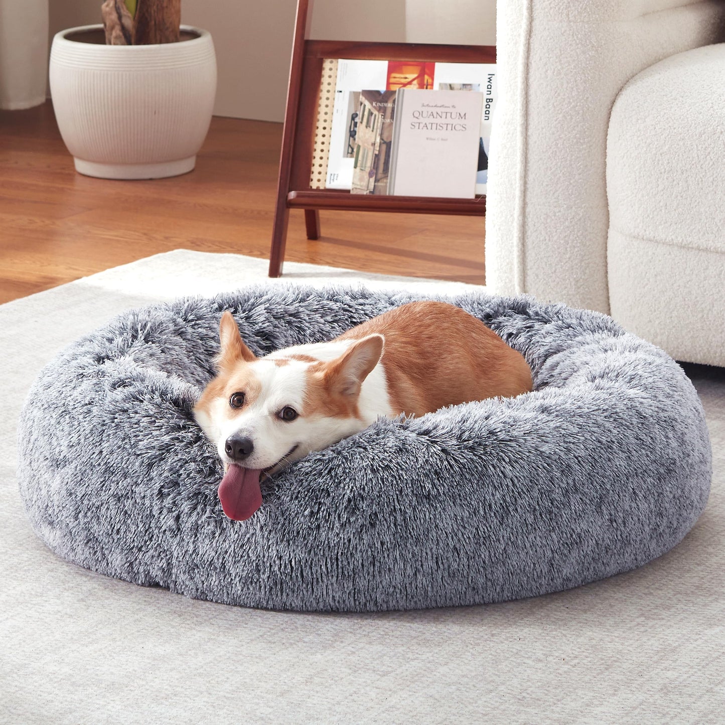Warmrest Donut Dog Bed Medium Size Dog 30 Inch, Round Cat Beds for Small Medium Dogs and Cats with Washable Fluffy Faux Fur, Cute Comfort Pet Bed with Anti-Slip Bottom, Grey