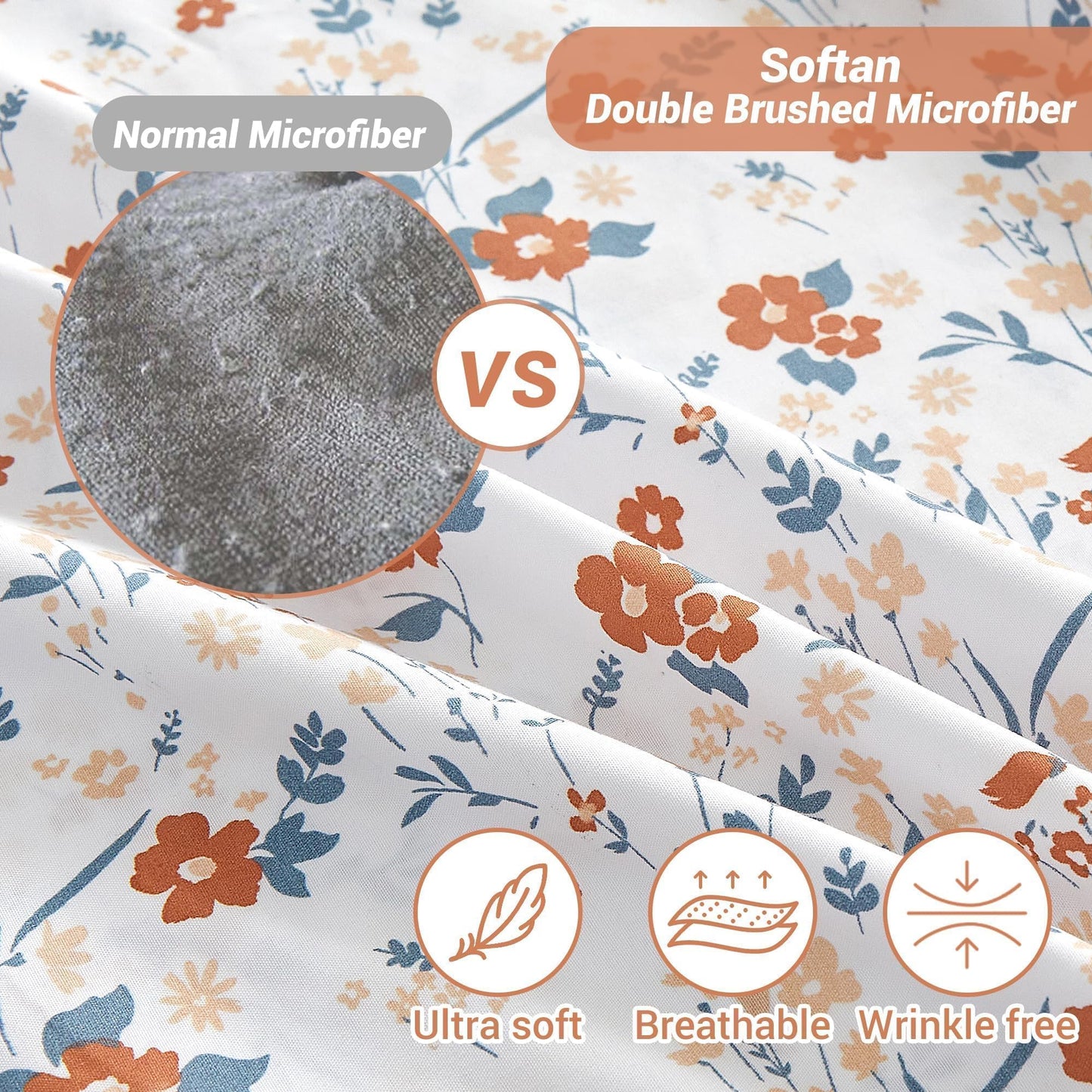 Softan Floral Full Sheet Set, Orange Flower Printed Bed Sheets - 4 Piece Soft Microfiber Patterned Fitted Sheets with 15" Deep Pocket & Non-Slip Straps, Cute Flower Sheets & Pillowcase Set