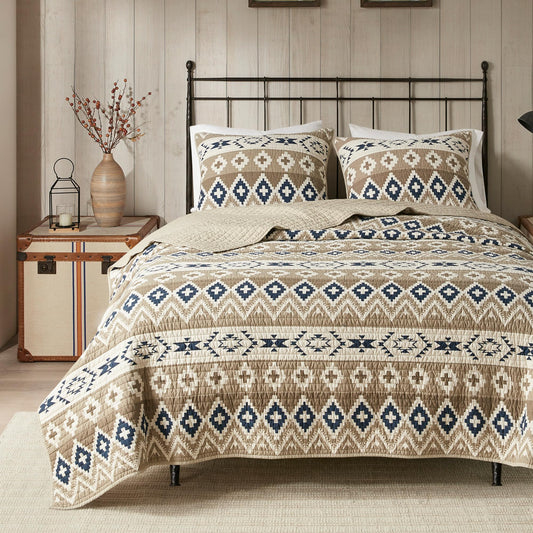 Woolrich Reversible Quilt Cabin Lifestyle Design - All Season, Breathable Coverlet Bedspread Bedding Set, Matching Shams, Oversized King/Cal King, Montana Tribal Tan 3 Piece