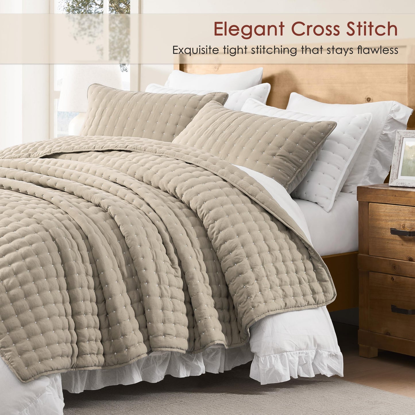 WDCOZY Beige Queen Size Quilt Bedding Sets with Pillow Shams, Cream Tan Lightweight Soft Bedspread Coverlet, Quilted Blanket Thin Comforter Bed Cover for All Season, 3 Pieces, 90x90 inches