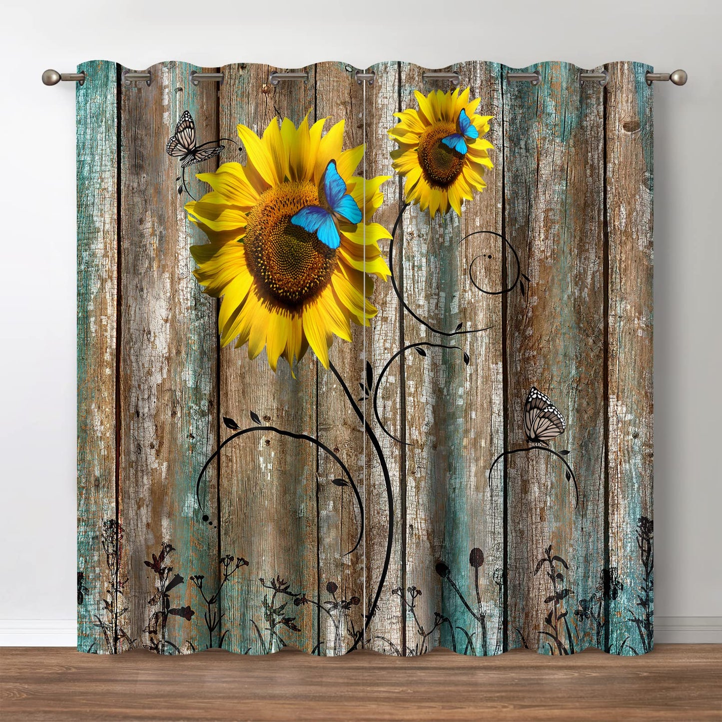 Jekeno Sunflower Blackout Curtains Rustic Floral Country Curtain Farmhouse Primitive Rural Wood Texture Theme Decor for Bedroom Living Room Grommet Window Drapes, 52 Wide 84 Long inches, 2 Panels