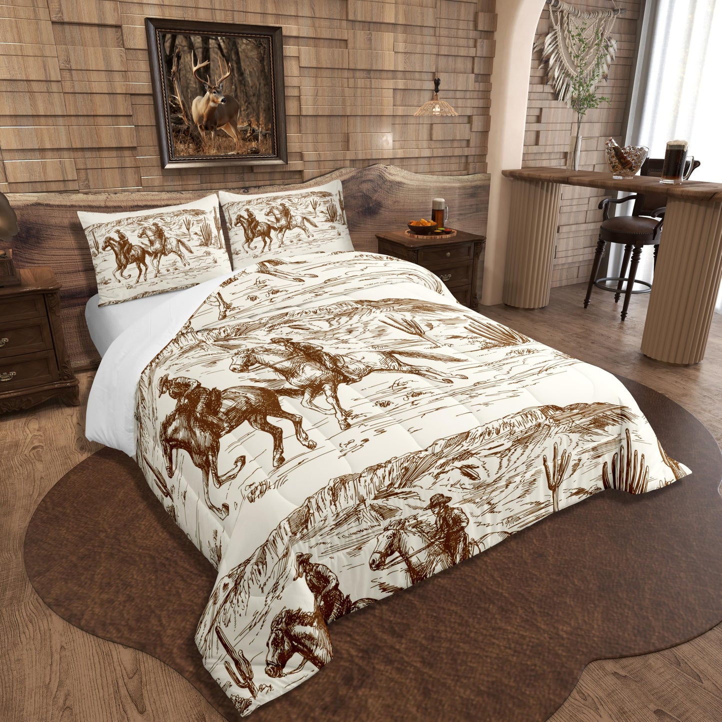 Erosebridal Western Comforter Set Queen Size Cowboy Bedding Set American Wild West Desert Hand Drawn Illustration Down Comforter Country Theme Bedroom Decor Duvet Set for Boys Men Teens