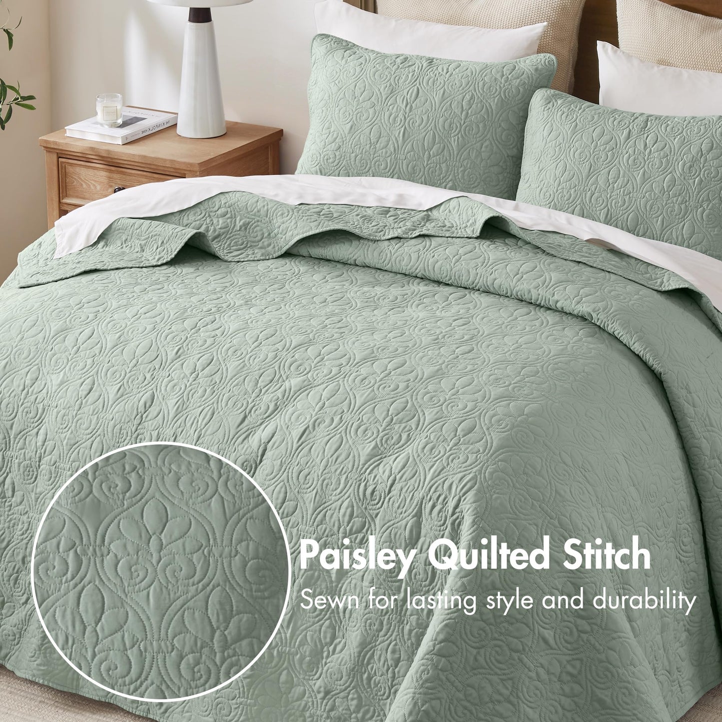 Madison Park Quebec Reversible Quilt Set Damask Design, Double Sided Stitching All Season, Lightweight Bedspread Bedding Set, Matching Sham, Seafoam, Full(96"x110") 3 Piece