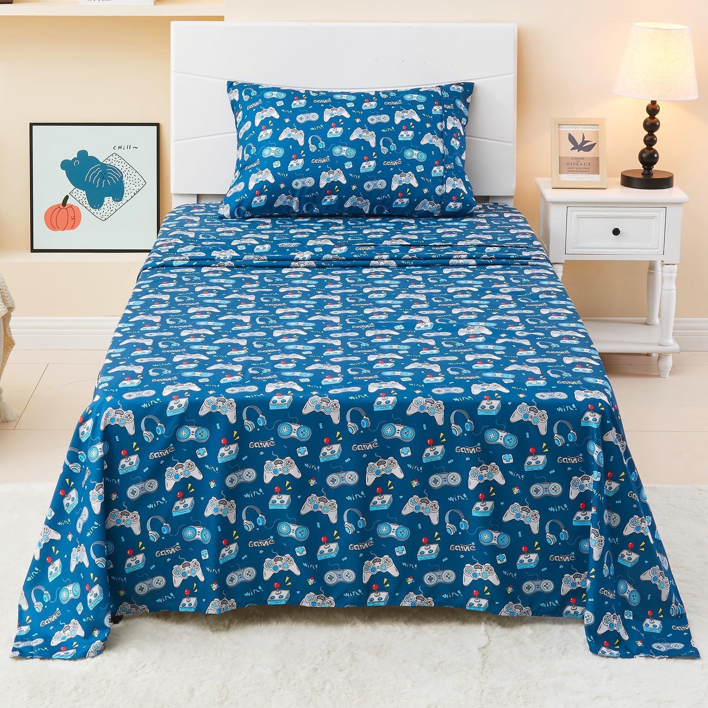 Softan Kids Bed Sheet Set, 4-Piece Full Size Sheets, Microfiber Fitted Sheet with 15 Inches Deep Pocket and Corner Straps, Breathable & Silky Soft Game Controller Printed Sheet and Pillowcase Sets