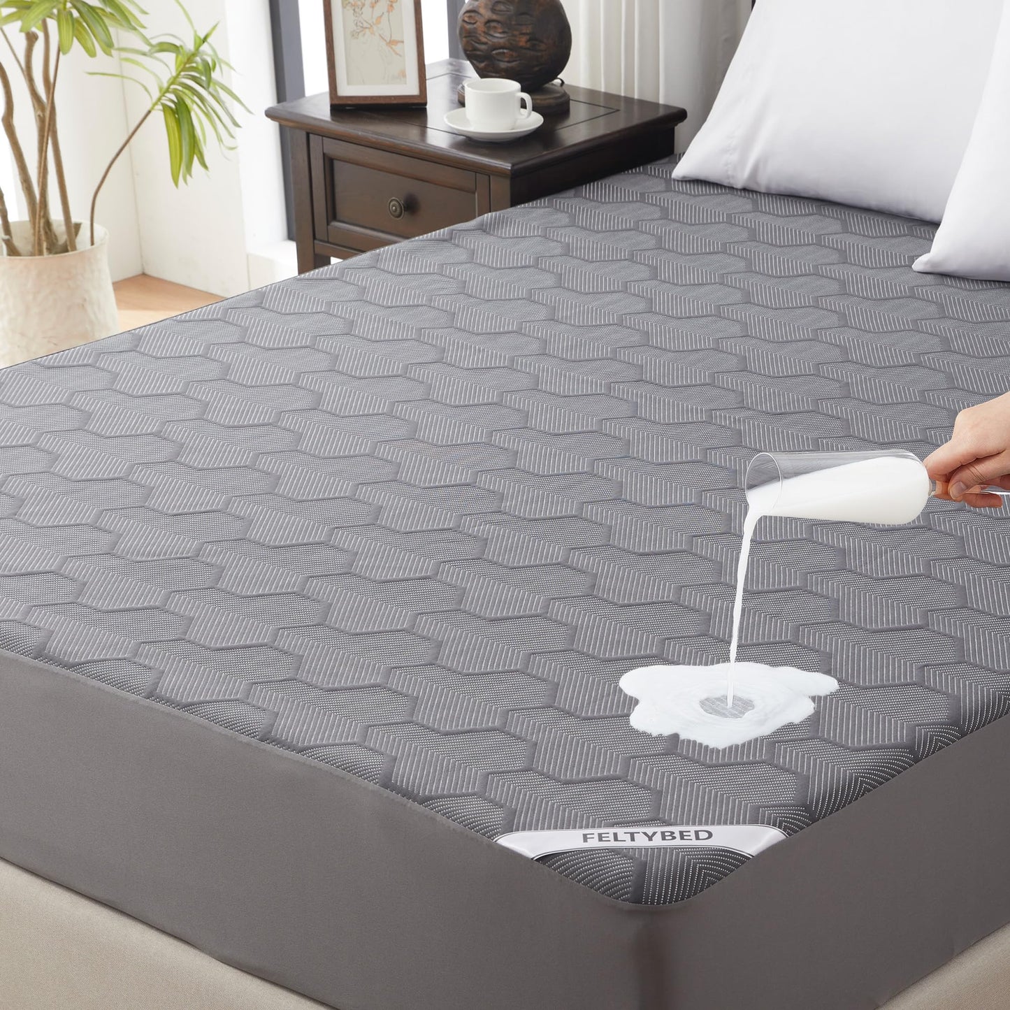 Queen Size Waterproof Mattress Protector, 40% Rayon Derived from Bamboo Grey Mattress Pad Cover, 3D Air Fabric Breathable Mattress Pad Fitted with Deep Pocket 6"- 15" Machine Washable