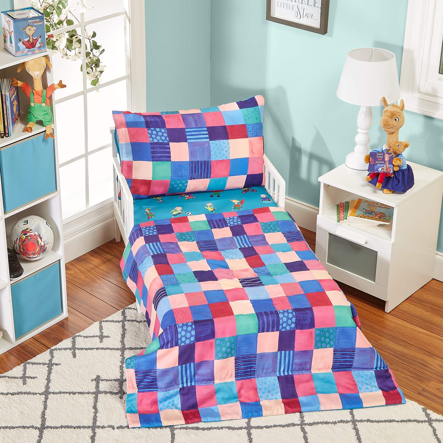 EVERYDAY KIDS Llama Llama 4 Pc Toddler Bedding Set with Comforter, Flat Sheet, Fitted Sheet and Pillowcase Bright Blue Toddler Bed Set Features Llama Llama and Friends