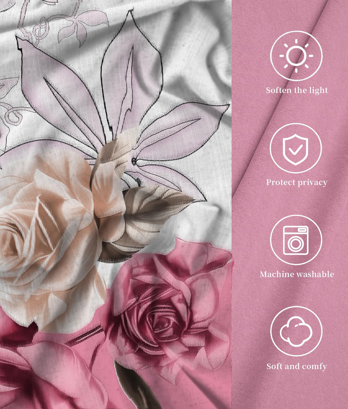 Reylox Pink Rose Floral Curtains with Grommets, 6 Pcs Set (2 Print Curtains, 4 Solid Curtains, 38"x84"), Patterned Decorative Curtains for Bedroom, Machine Washable Elegant Curtains
