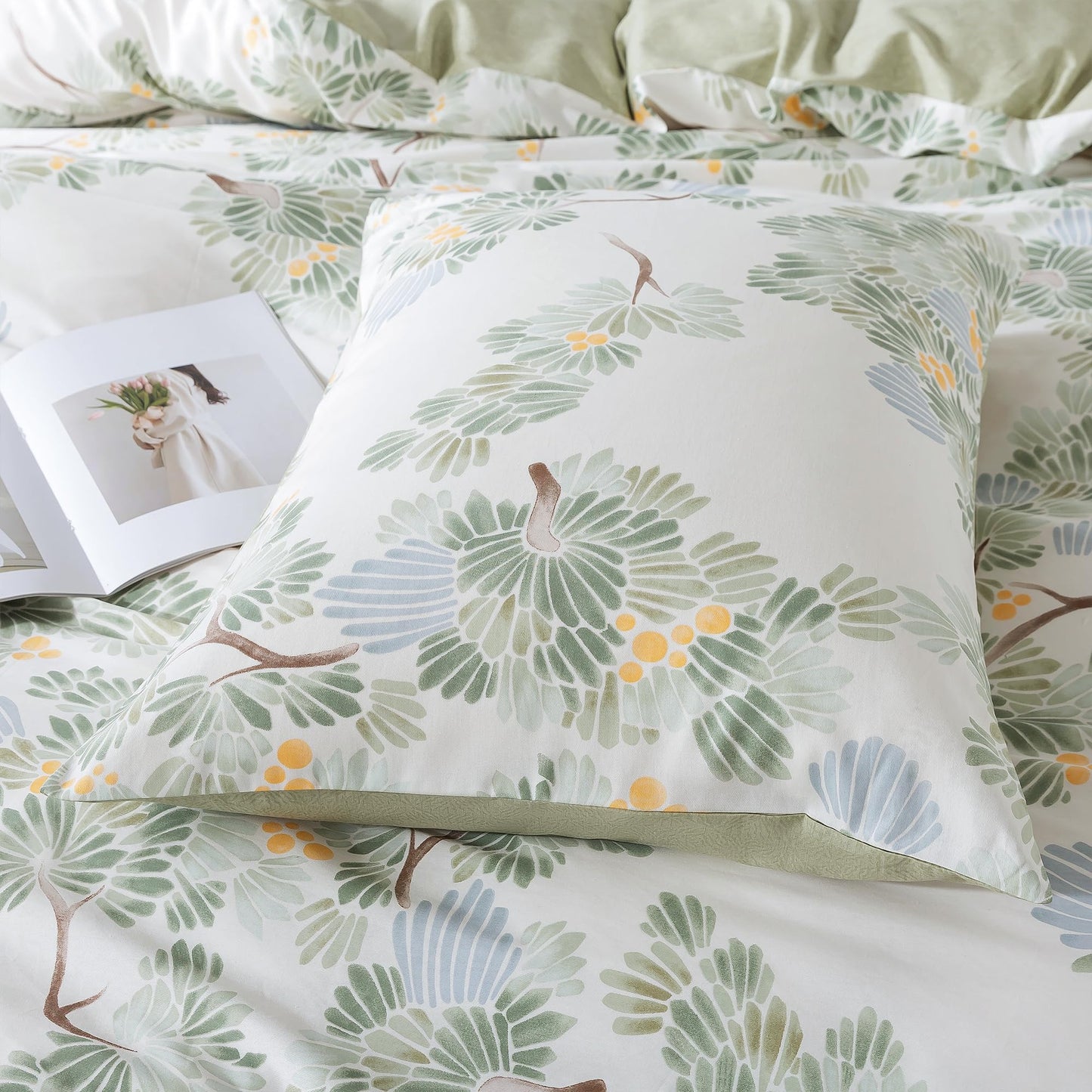 HoneiLife Duvet Dover Queen Size - 100% Cotton Comforter Cover Botanical Bedlinen Set with Zipper Closure & Corner Ties, 3-PC Forest Comforter Cover Sets