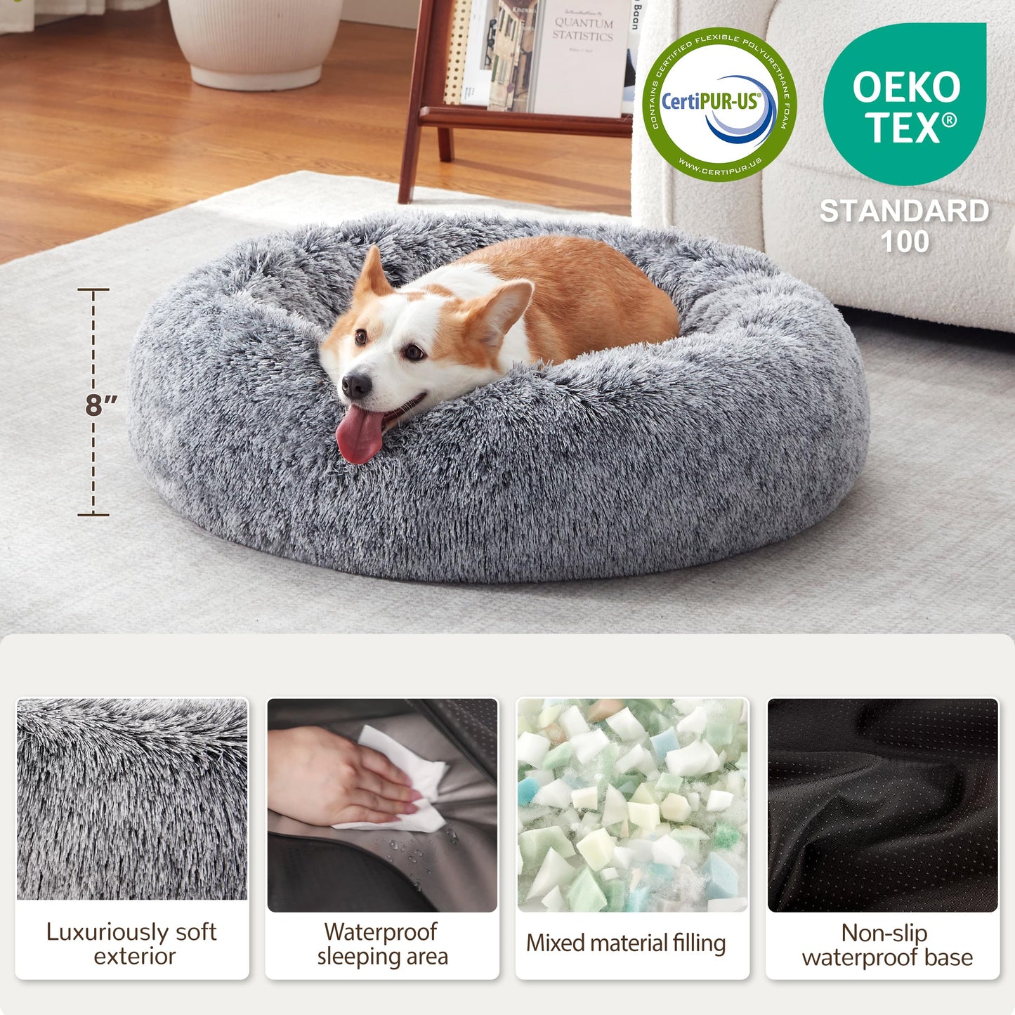 Warmrest Donut Dog Bed Medium Size Dog 30 Inch, Round Cat Beds for Small Medium Dogs and Cats with Washable Fluffy Faux Fur, Cute Comfort Pet Bed with Anti-Slip Bottom, Grey