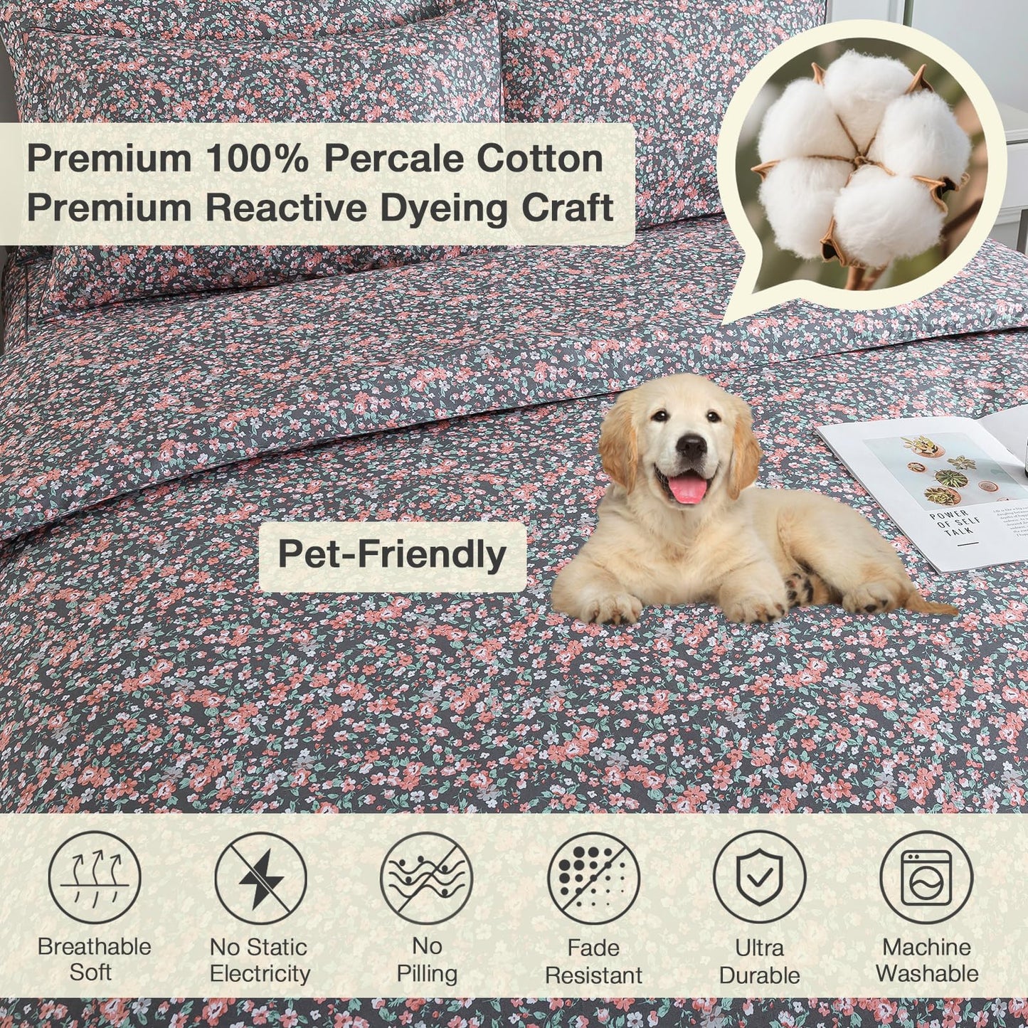 Puralens Dark Grey Vintage Floral Duvet Cover, King 100% Cotton Percale Pink Flower Comforter Cover Set, Shabby Chic Reversible Toile Bed Cover Set with Ties, Luxury Farmhouse Zipper Bedding, 3Pcs