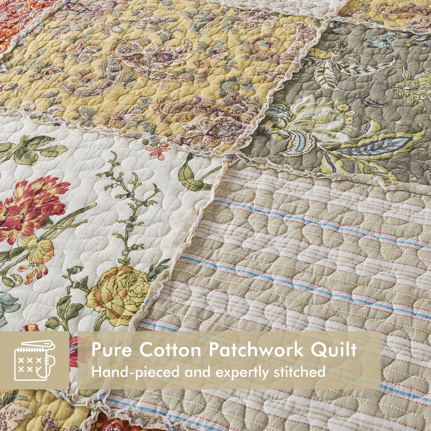 Etwel Patchwork Quilt Set Queen Size, 100% Cotton Bedspread, Reversible Lightweight Comforter Set with 2 Pillow Shams for All Seasons, Floragrid Beige, Queen Size 90"x90"