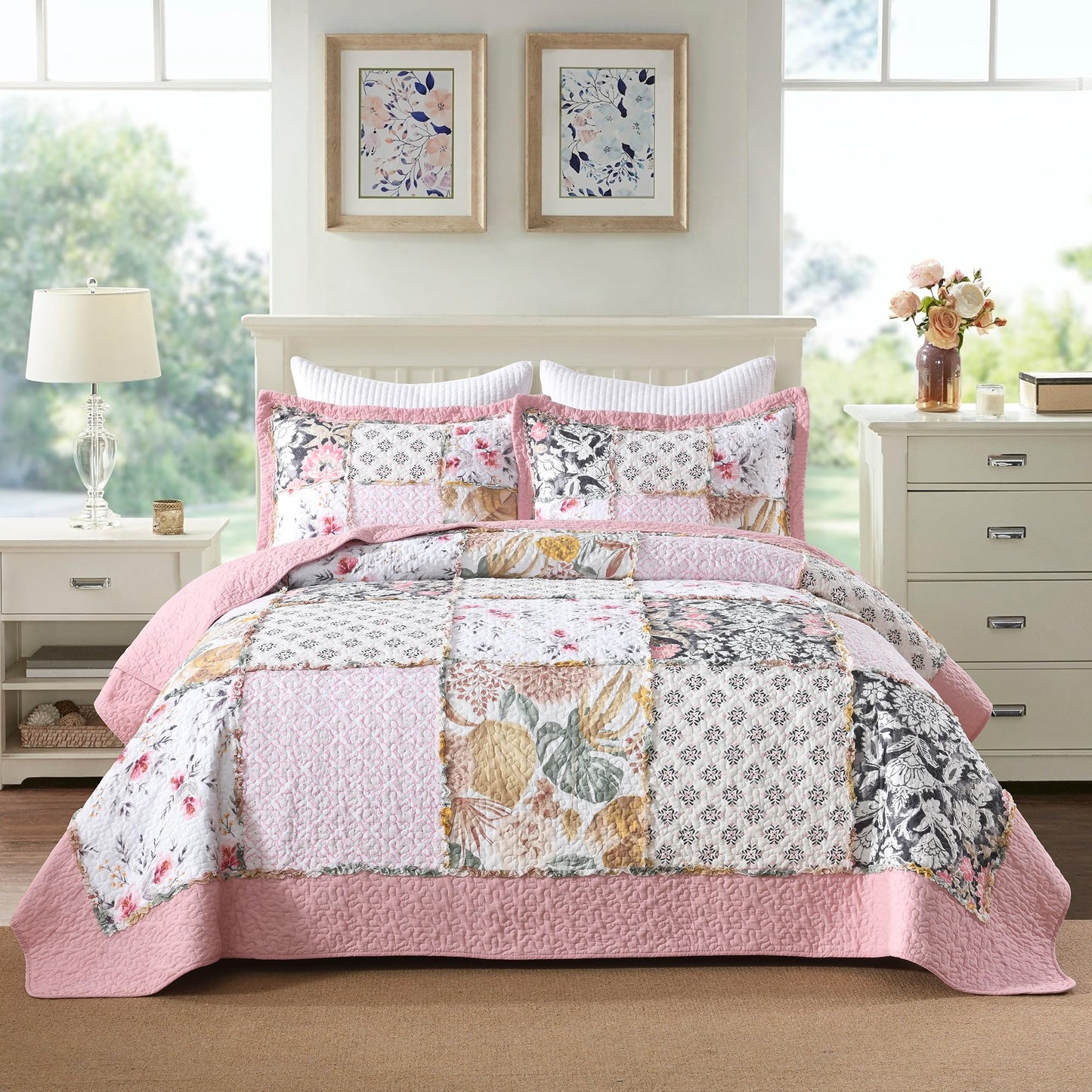 Etwel 100% Cotton Patchwork Queen Size Quilt Set - Lightweight Breathable Reversible Bedspread for Hot Sleepers, Farmhouse Bedding Set with 2 Pillow Shams for All Season (90"x90", Pink Floral Plaid)