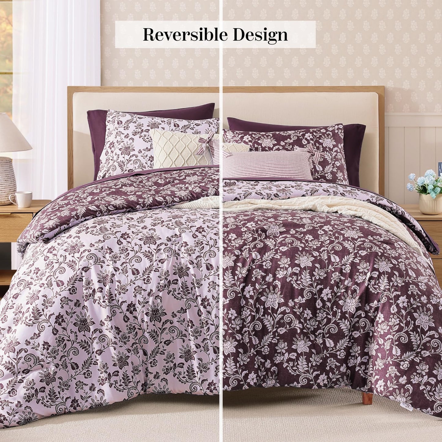 BLOOMHAVEN Queen Comforter Set -7 Pieces Floral Dark Purple Comforter Set for All Seasons, Bed in a Bag Queen with Botanical Flowers Comforter, Sheets, Pillowcases & Shams