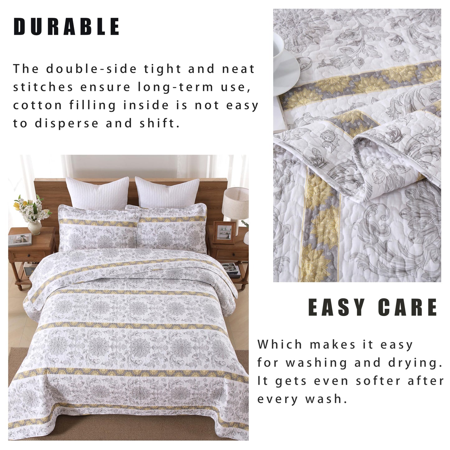 Homzard King Size Quilt - Cotton King Size Comforter Set,Grey Yellow White Striped Bedspread,Paisley Quilt Bedding,Lightweight Bedding with Two Pillow Shams