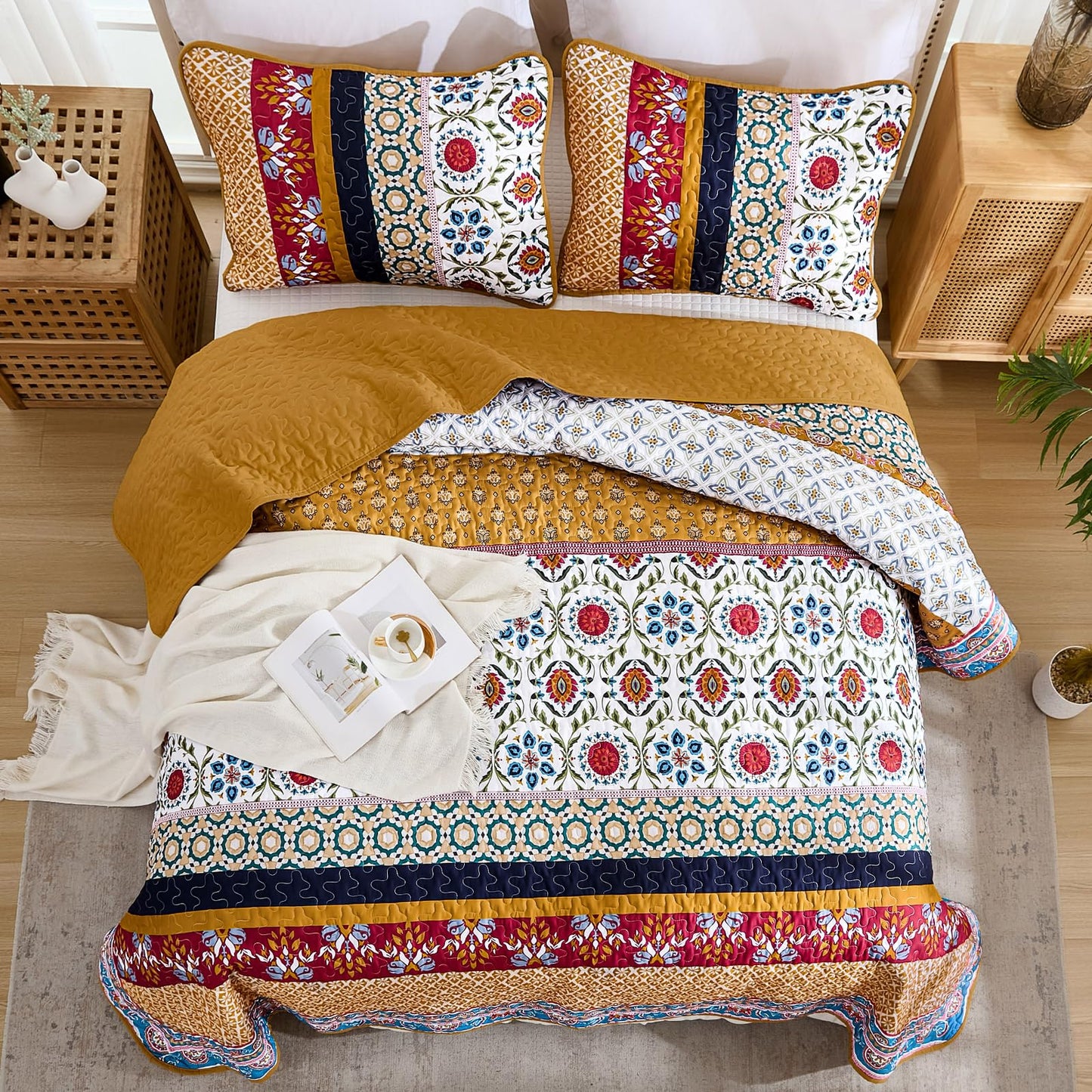 Yiran Boho Quilt Set King Size, Fall Tango Orange Patchwork Bedspreads Bedding Set, Lightweight Bohemia Farmhouse Coverlet Set 110x90 Inch