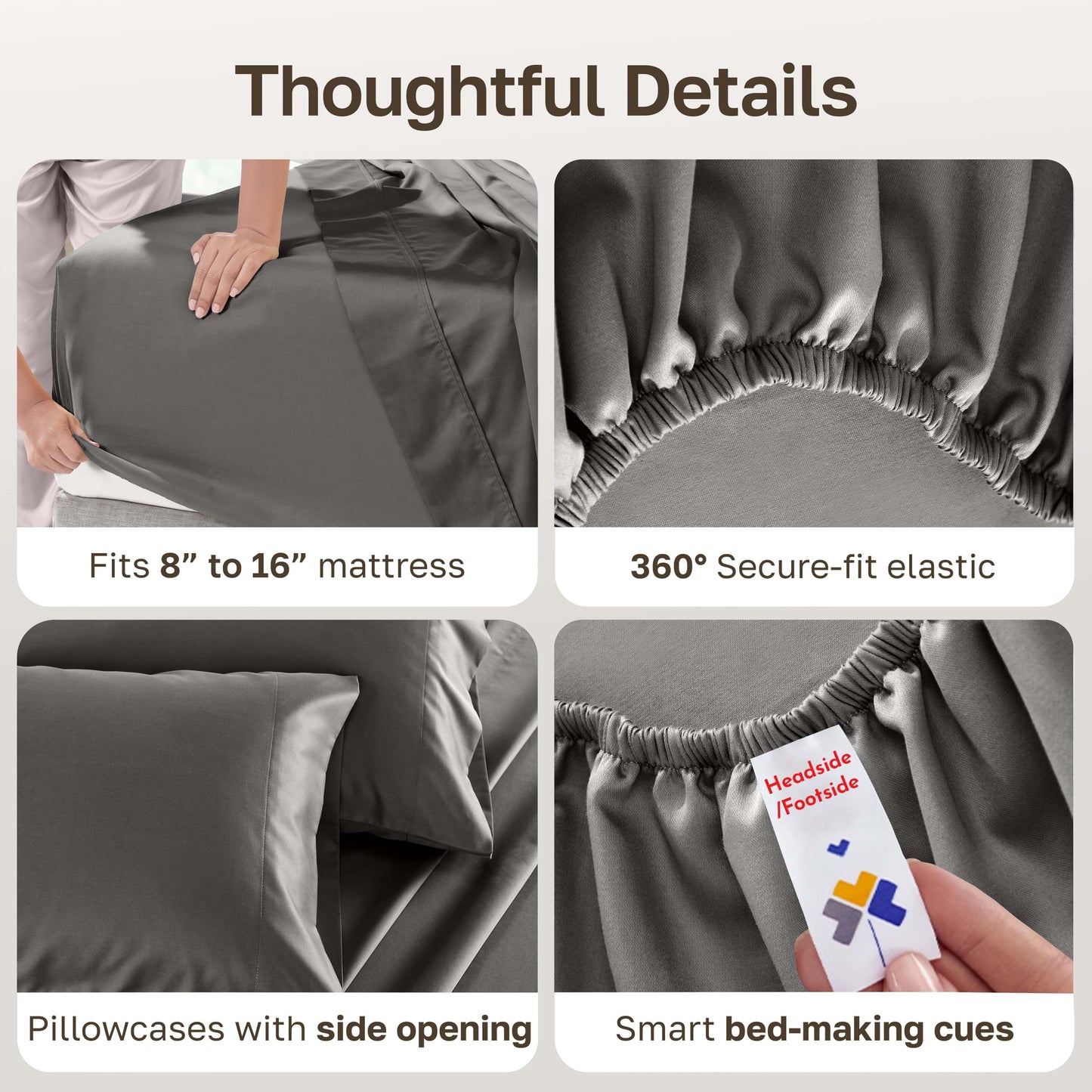 California Design Den Sheets for Queen Size Bed, Soft 100% Cotton Sheets Deep Pockets Snug Fit Elastic, 500 Thread Count Sateen (Dark Grey)
