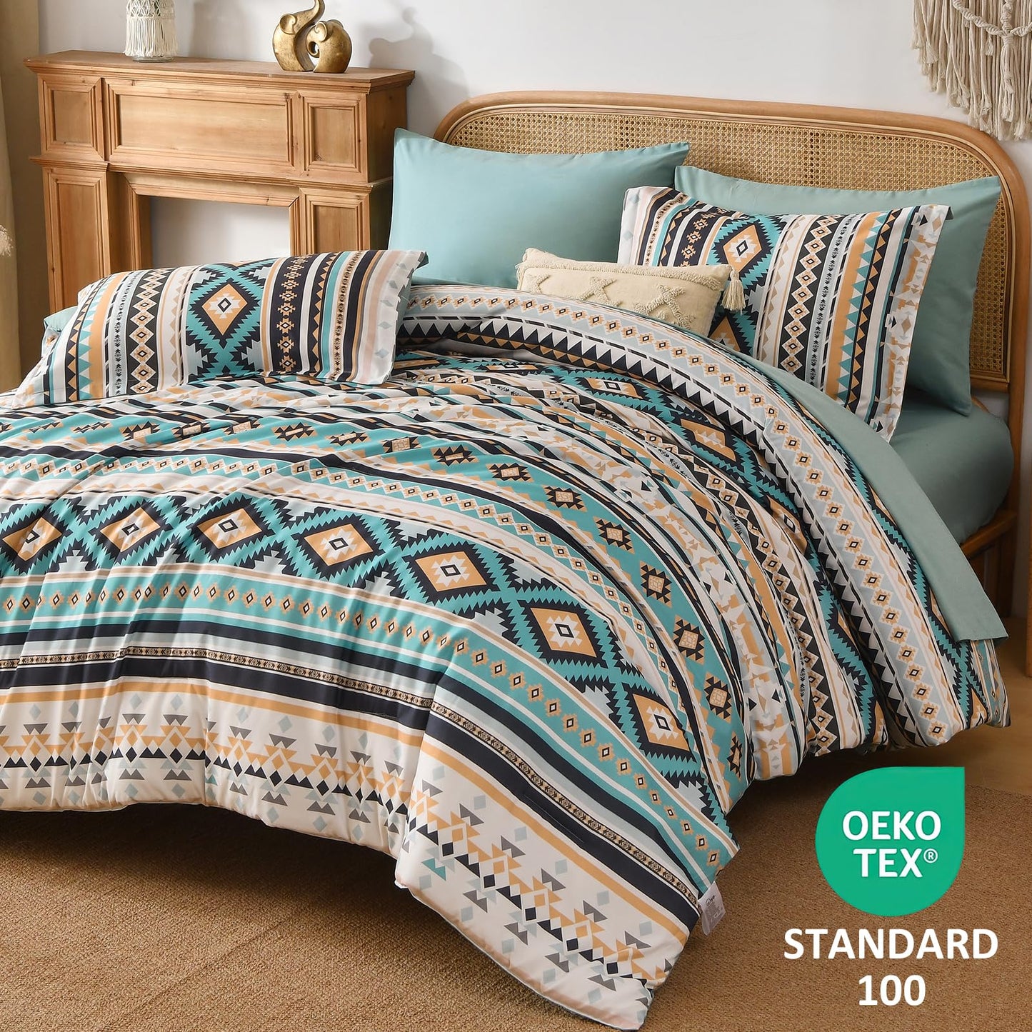 Dinjoy Turquoise Boho Comforter Set Queen Size,7 Pieces Bed in a Bag Queen Aztec Bedding with Sheets Bohemian Geometric Striped Complete Set for Spring Summer Fall Winter 90"x90"