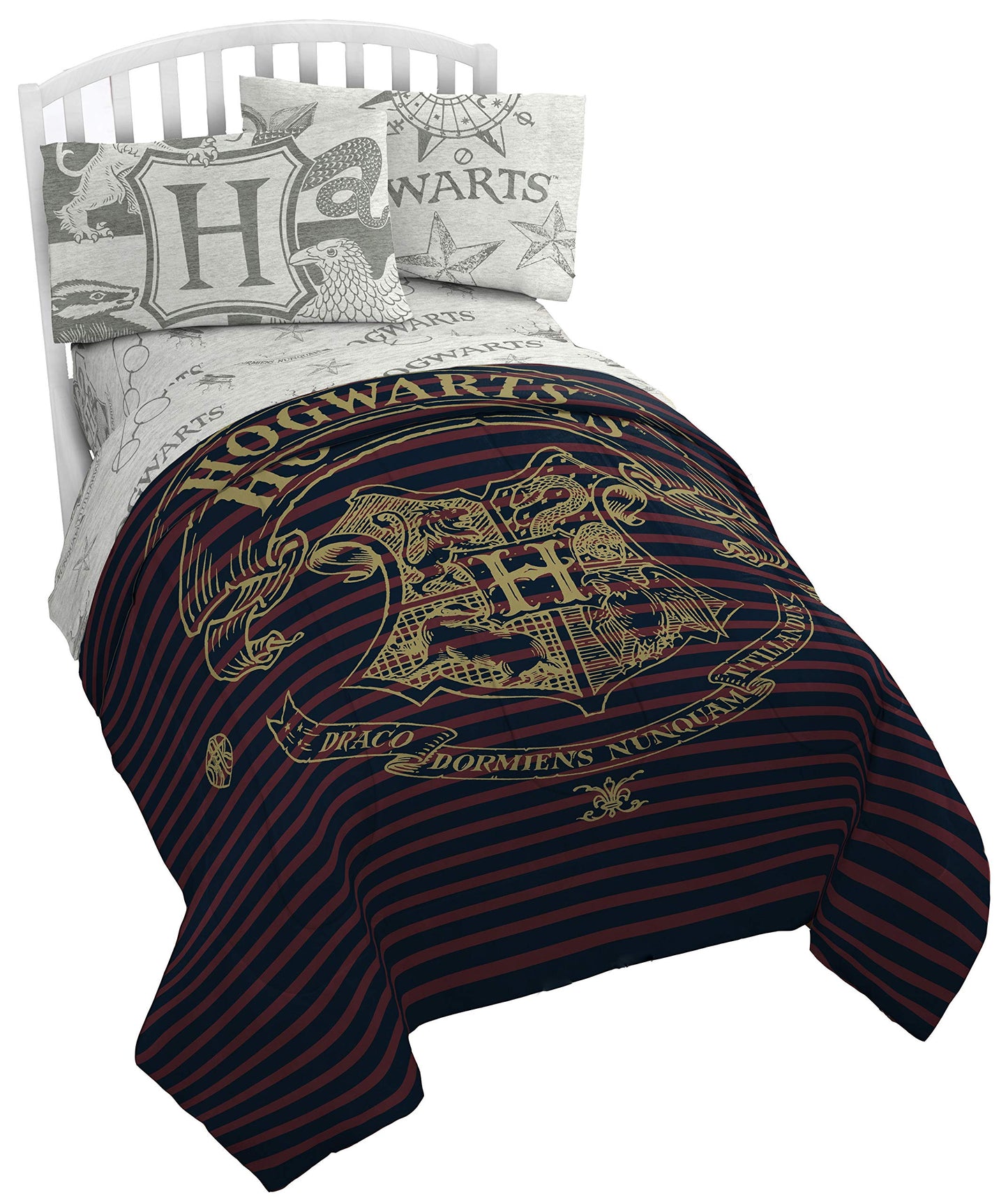 Jay Franco Harry Potter Spellbound 5 Piece Full Bed Set - Includes Reversible Comforter & Sheet Set - Bedding Features Hogwarts Logo - Super Soft Polyester (Official Harry Potter Product)