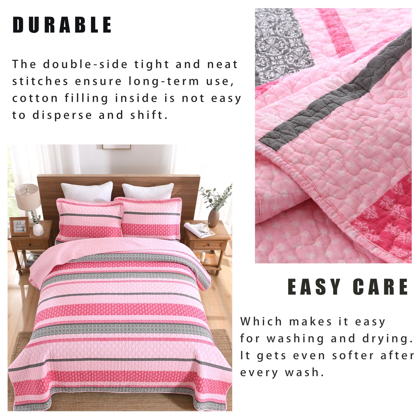 Homzard King Size Comforter Set, Cotton Quilt, Hot Pink Grey Bedding Set,Lightweight Striped Bedspread, Reversible Coverlet King Size (106"X98") with 2 Pillow Shams All Season