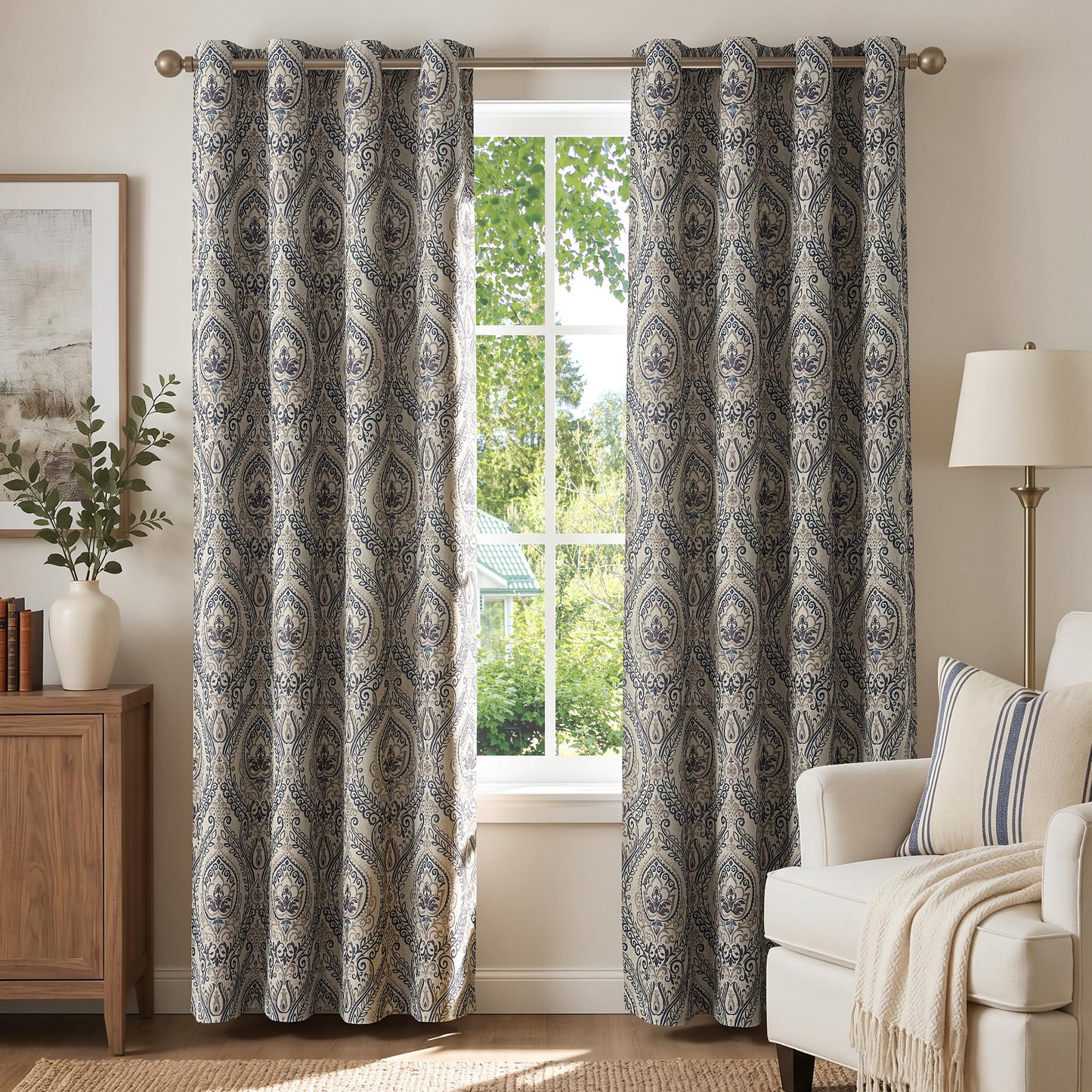 jinchan Curtains for Bedroom, Room Darkening Curtains 84 Inch Length 2 Panels Set, Linen Textured Medallion Drapes for Living Room, Vintage Damask Pattern Window Treatments, Blue on Greige