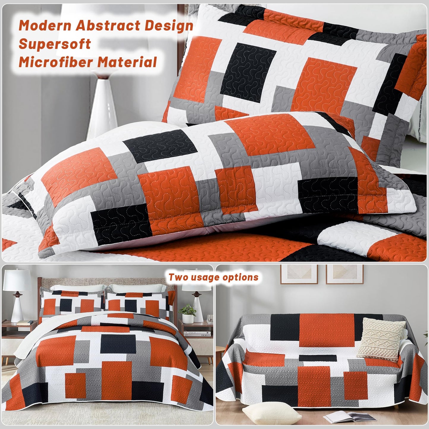 Tyrot 3 Piece Orange Grey Quilt Set Full/Queen Size Black White Gray Geometric Reversible Bedding Set Microfiber Lightweight Bedspread Coverlet with 2 Shams Modern Bed Covers for All Season, 90''x96''