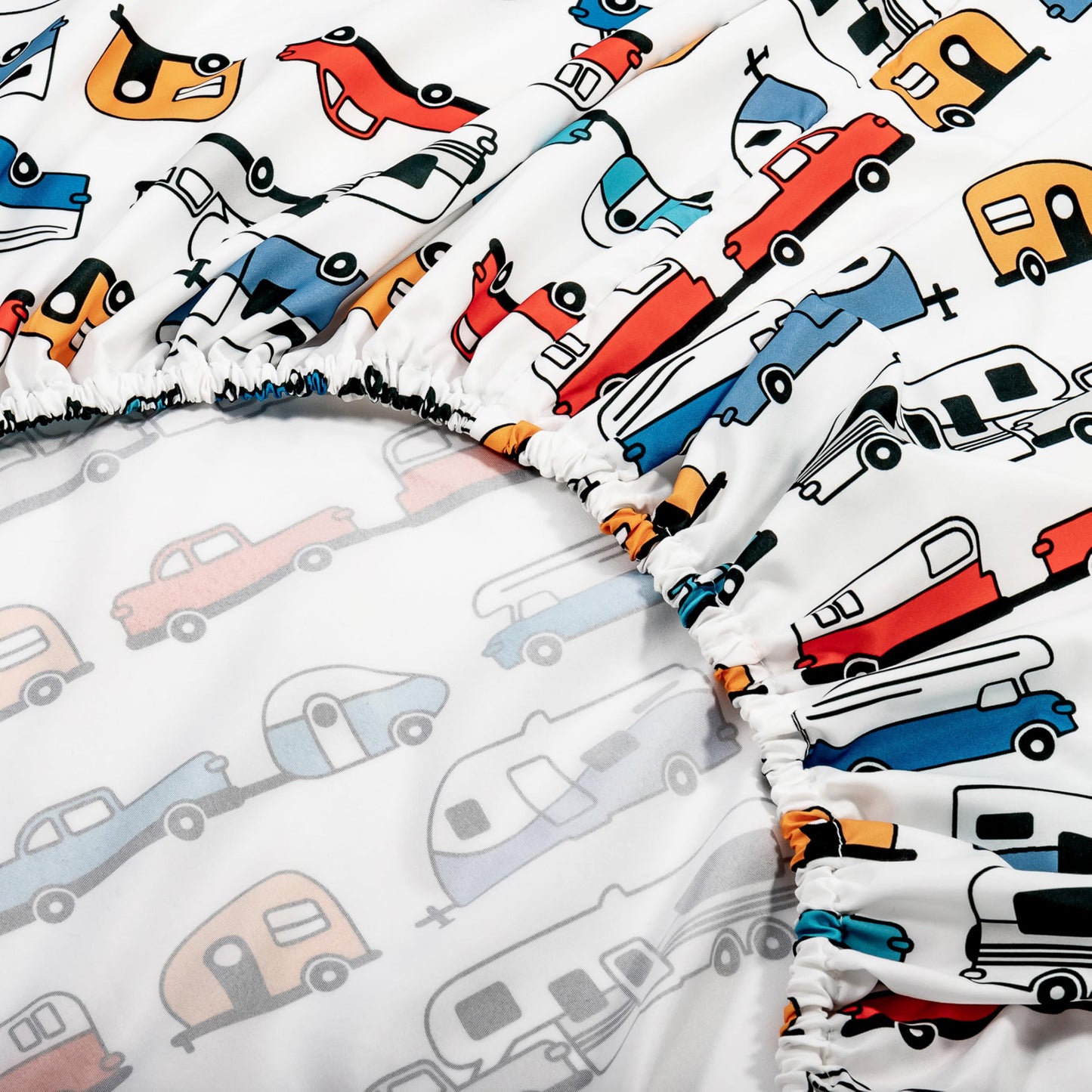 Camco Camper & RV Queen Sheet Set - Features Travel Trailer Print Design - Crafted of Soft Machine Washable Polyester - 4 Piece Set Includes Fitted Sheet, Flat Sheet, & 2 Pillowcases (53299)