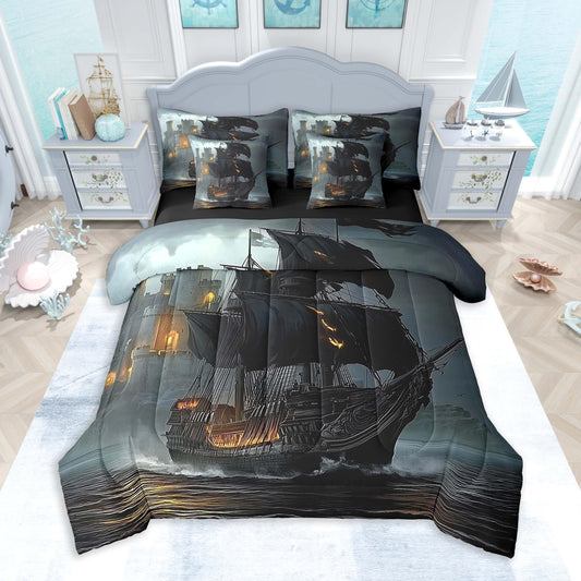 Feelyou Pirate Ship Comforter Set 7 Pieces Twin Size Moonlight Ocean Sea Bedding Set for Boys Girls Coastal Bed in a Bag with Comforter, Sheets, Pillowcases & Cushion Covers