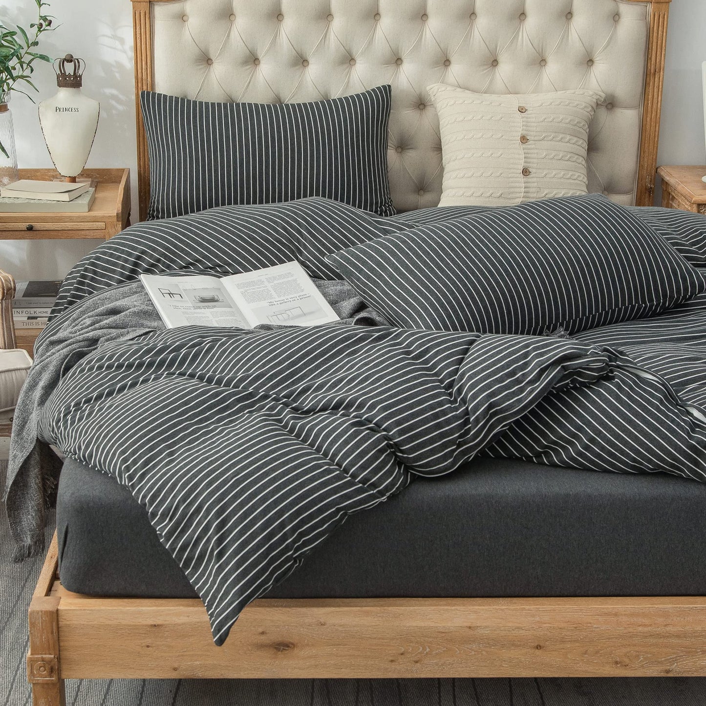 PURE ERA Jersey Knit Duvet Cover Set 100% T-Shirt Heather Cotton Super Soft Comfy Classic Striped Design, with Zipper Closure, Black & White Pinstripe, King