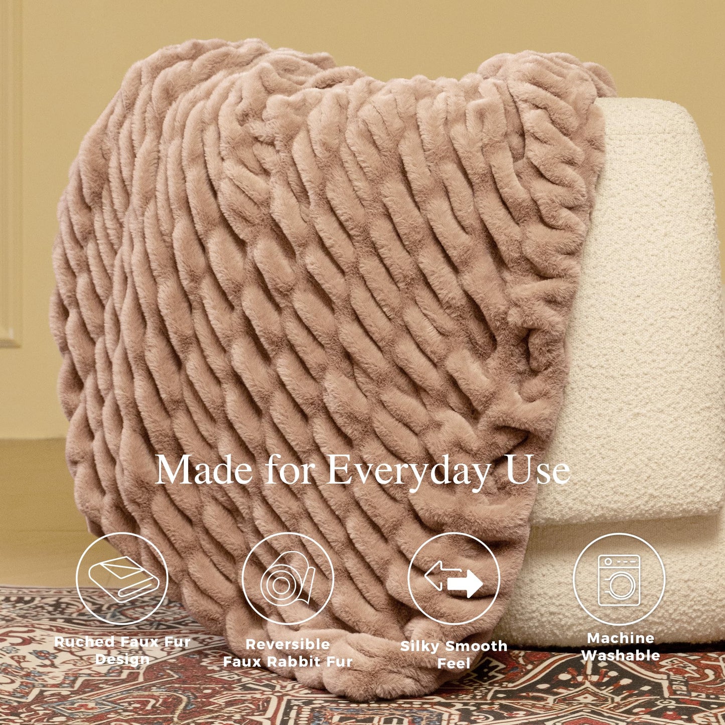 blunique Faux Rabbit Fur Throw Blanket, Soft Plush Cozy Blanket for Couch Bed, Thick Fluffy Ruched Decorative Blanket, Giftable,50"x60",Light Brown