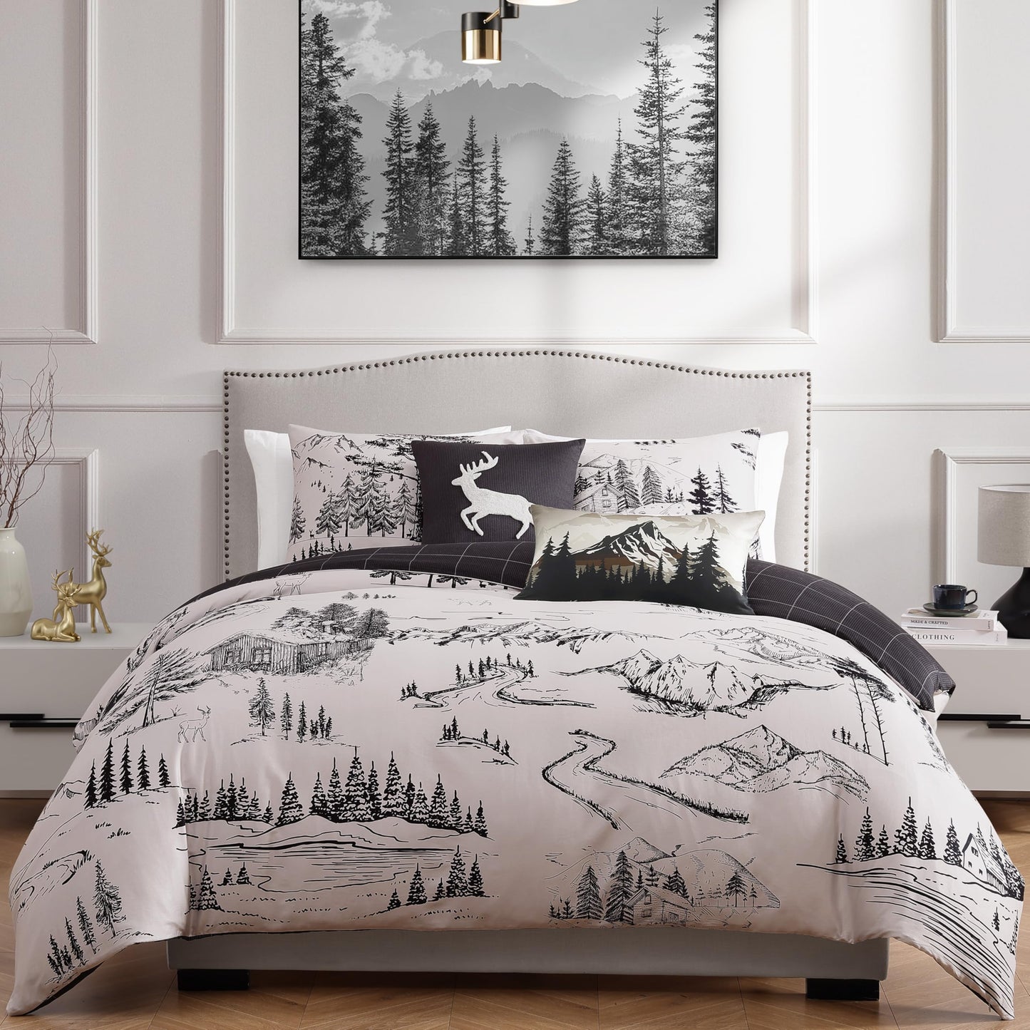 Bebejan Rocky Mountains 5 Piece Comforter Set, 100% Cotton Sateen, 220 Thread Count, Ivory Reversible Bedding Comforter Set, 1 Comforter, 2 Shams & 2 Pillows (King/Cal King)