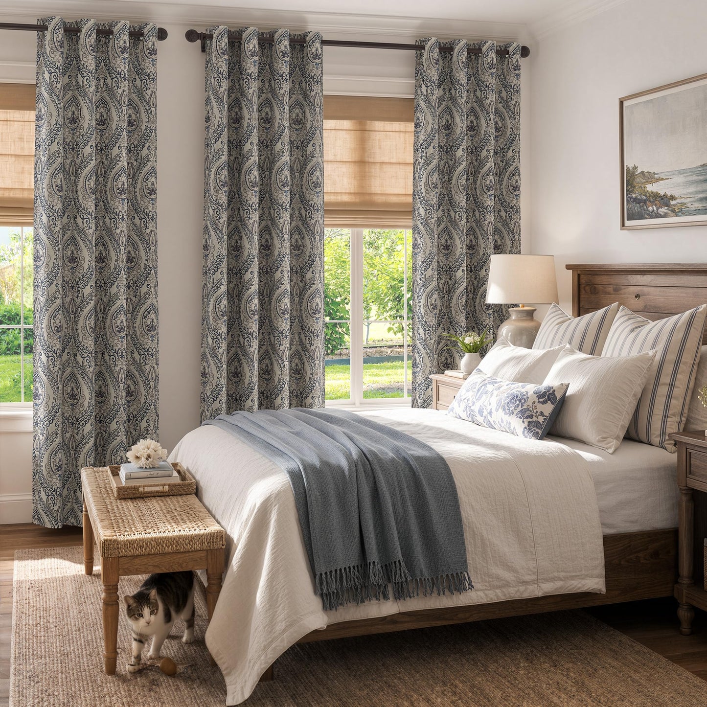 jinchan Curtains for Bedroom, Room Darkening Curtains 84 Inch Length 2 Panels Set, Linen Textured Medallion Drapes for Living Room, Vintage Damask Pattern Window Treatments, Blue on Greige
