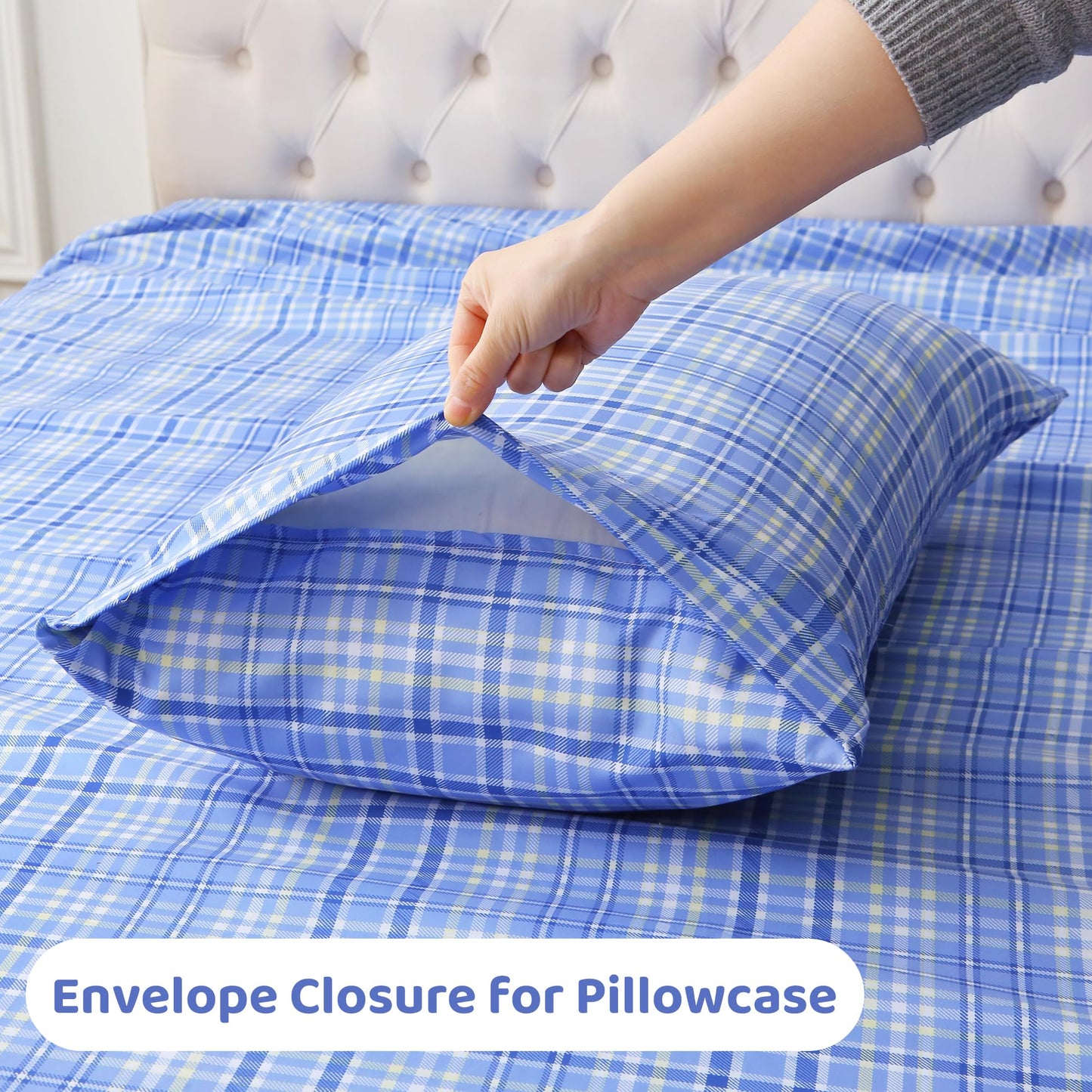 Mooreeke Cozy Plaid Microfiber Printed Full Sheet Set - Soft & Breathable Purple Yellow Plaid Bed Sheets with Extra Deep Pocket - Non-Slip Fitted Design - Purple Yellow Square Plaid Pattern - Full