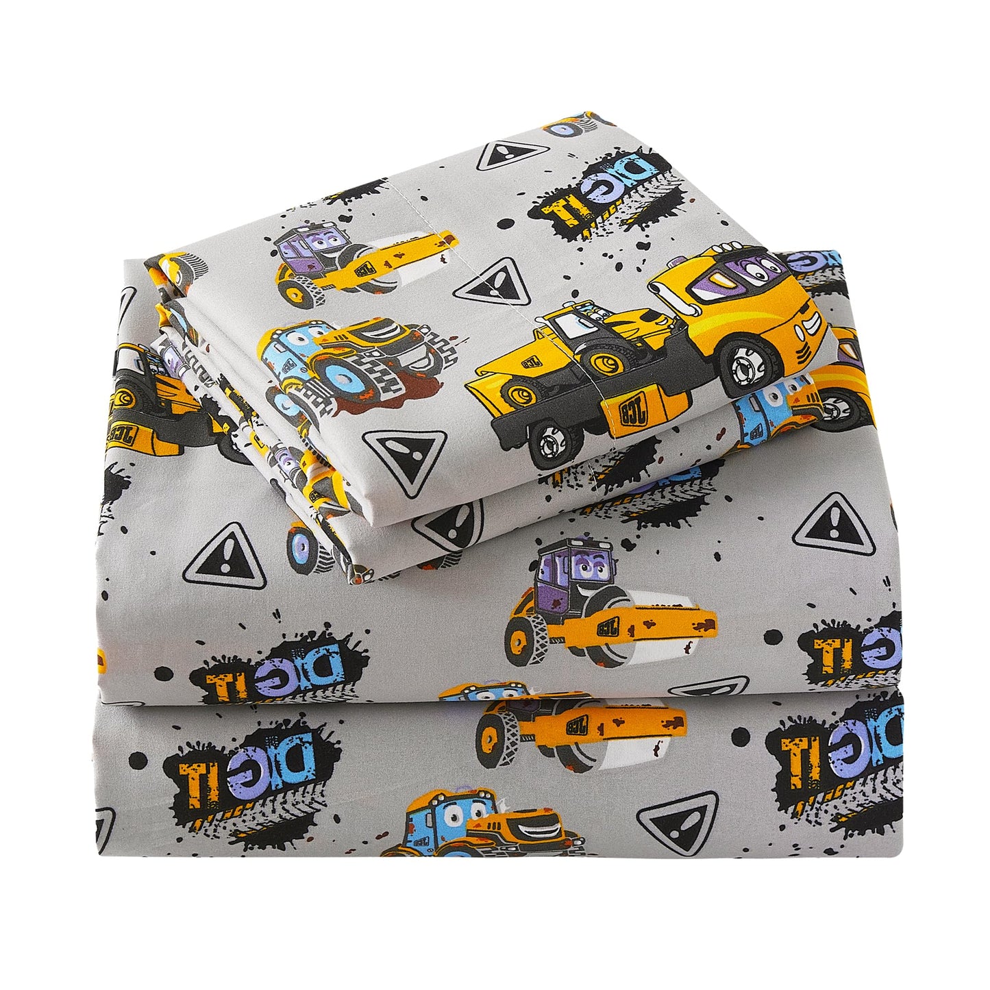 Viviland 3 Pieces Boys Grey Truck Twin Sheet Set - Soft Microfiber Fitted Flat Sheets & Pillowcase Bed Sheet Set - Heavy Duty Vehicle Print Bedding Sets for Kids