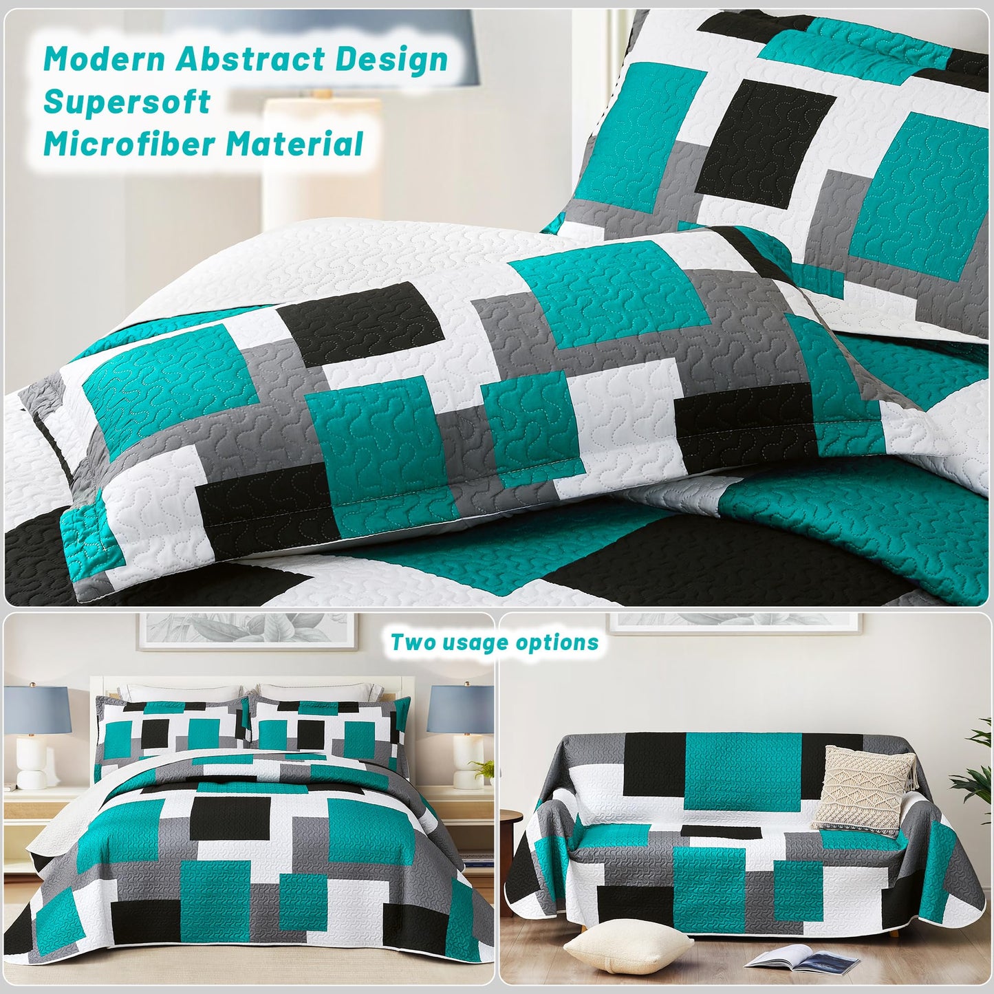 Tyrot 3 Piece Teal/Turquoise Grey Quilt Set King Size Black White Geometric Reversible Bedding Set Microfiber Lightweight Bedspread Coverlet with 2 Shams Modern Bed Covers for All Season, 106''x96''