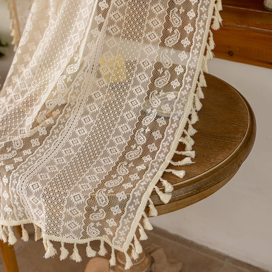 HushLoom Boho Lace Curtains 84 Inches Long, Vintage Farmhouse Semi Sheer Curtain Panels with Tassel Trim for Living Room Bedroom, Light Filtering Rod Pocket Drapes, Beige, 59”W x 84”L, Set of 2