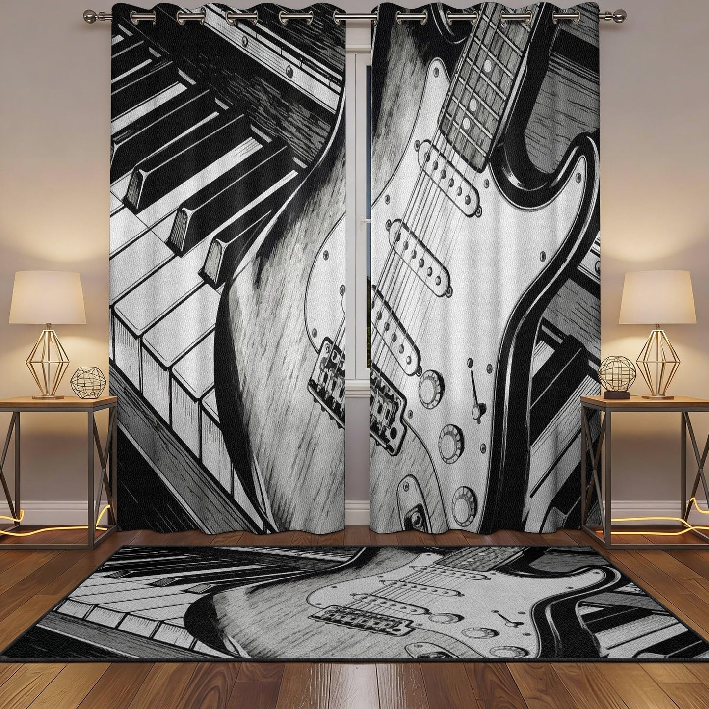 MBVZGUK Black and White Piano Keys Electric Guitar Sketch 63 Inch Curtains 2 Panel Set, Music Instrument Room Darkening Curtains, Musical Art Curtain for Boy Teen Bedroom Decor