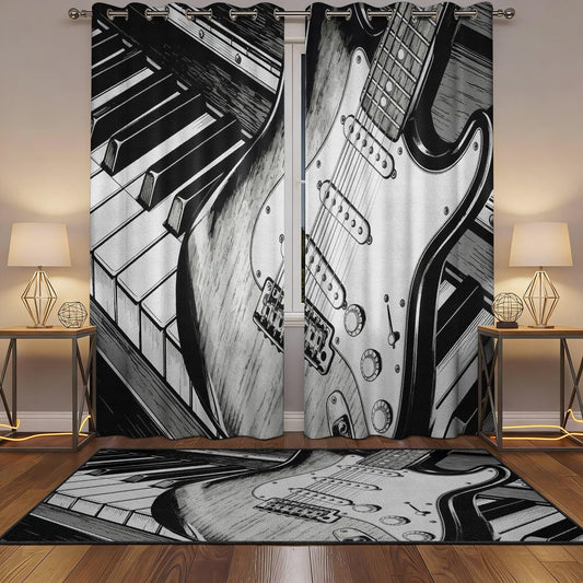MBVZGUK Black and White Piano Keys Electric Guitar Sketch 63 Inch Curtains 2 Panel Set, Music Instrument Room Darkening Curtains, Musical Art Curtain for Boy Teen Bedroom Decor