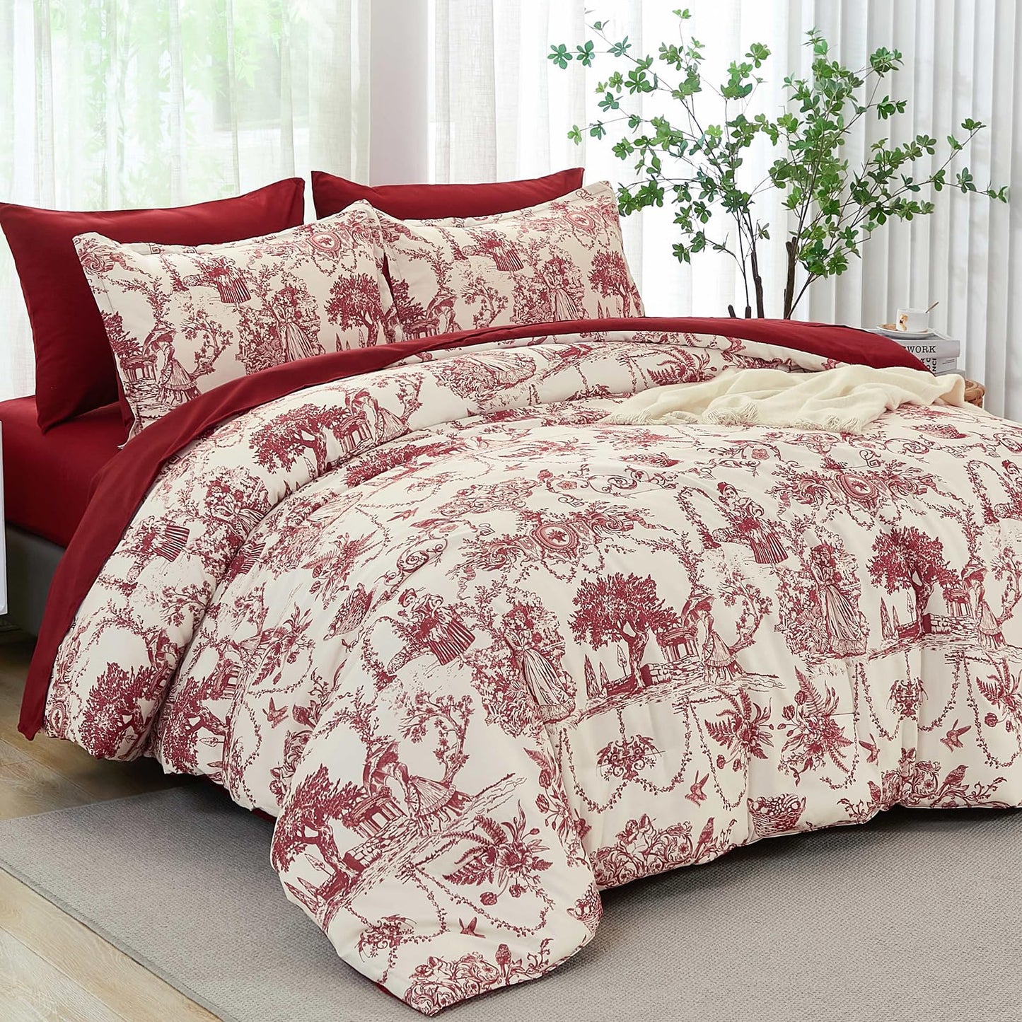 Red Comforter Set Queen 7 Piece Bed in a Bag Toile de Jouy Botanical Comforter with Sheet Set Soft Micorfiber Bedding Set (1 Comforter,2 Pillow Shams,1 Flat Sheet,1 Fitted Sheet,2 Pillowcases)
