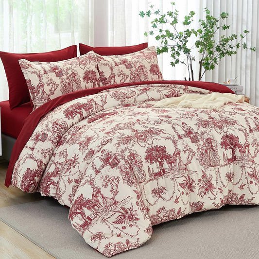 Red Comforter Set Queen 7 Piece Bed in a Bag Toile de Jouy Botanical Comforter with Sheet Set Soft Micorfiber Bedding Set (1 Comforter,2 Pillow Shams,1 Flat Sheet,1 Fitted Sheet,2 Pillowcases)