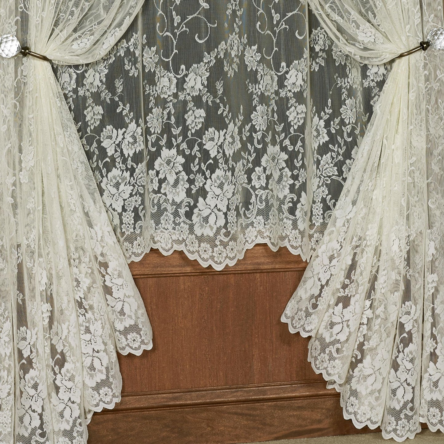 Luxury Sheer Polyester Enchanting Roses Lace Window Treatment | 5 Piece Set: Scallop Valance, 38L Swag Pair, 63L and 84L Panels | Classic Flower | Ivory | Rod Pocket | Machine wash | Light Filtering