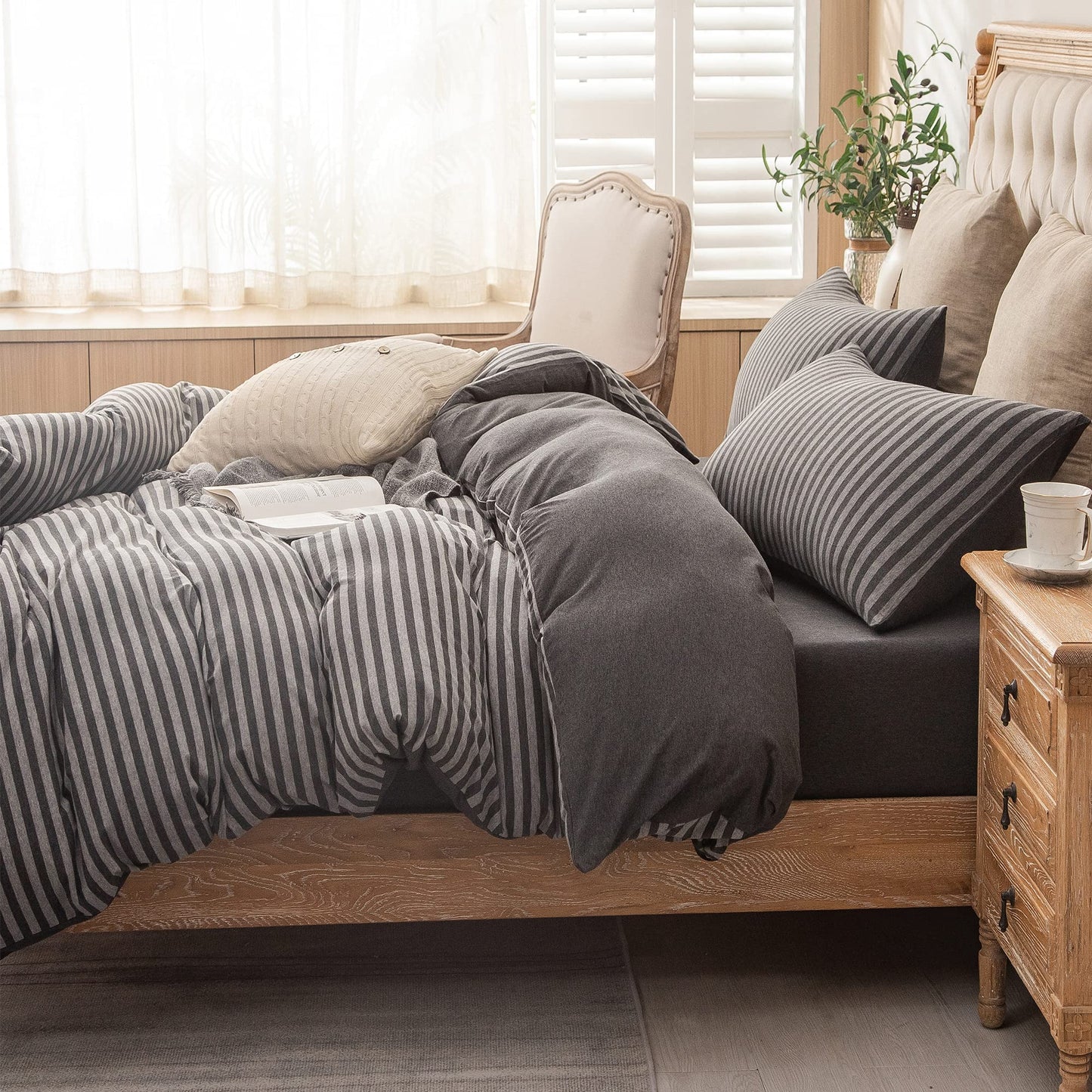 PURE ERA Jersey Knit Duvet Cover Set 100% T-Shirt Heather Cotton Super Soft Comfy Classic Striped Design, with Zipper Closure, Charcoal Dark Grey Stripe, King